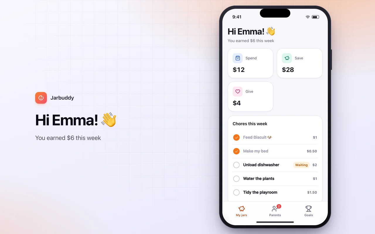 Kids allowance and chores: the Hi Emma! 👋 screen