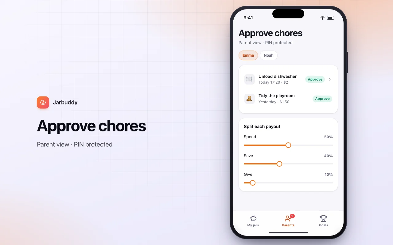 Kids allowance and chores: the Approve chores screen