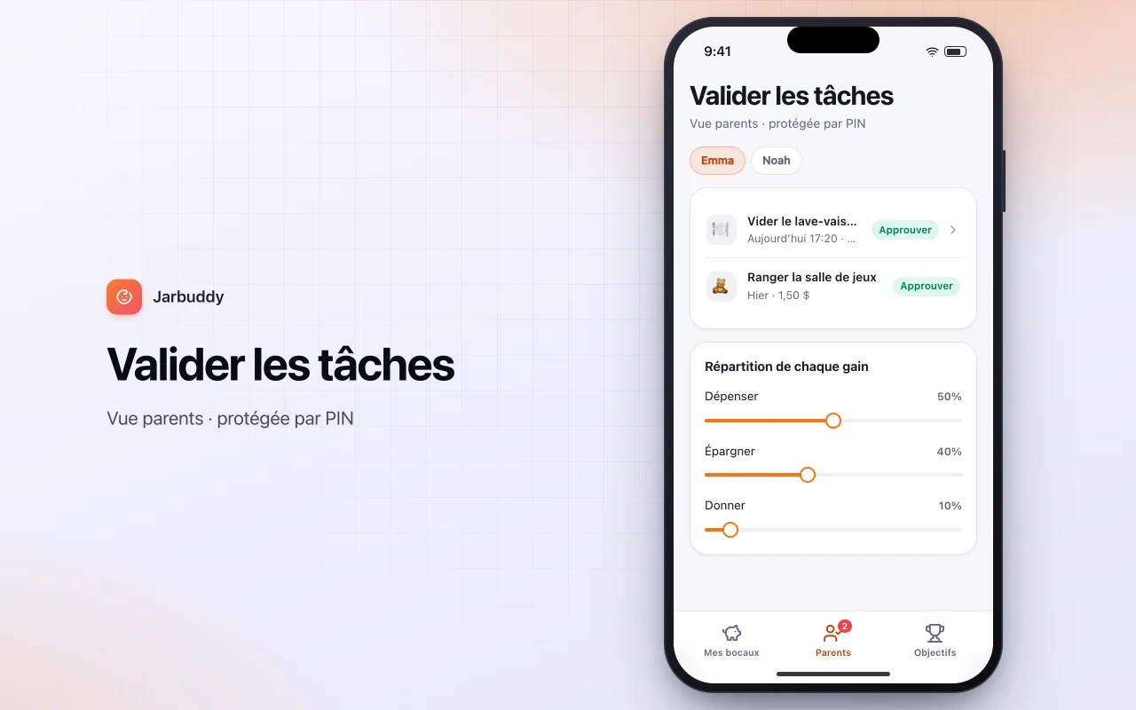 Argent de poche et tâches des enfants : l’écran Valider les tâches