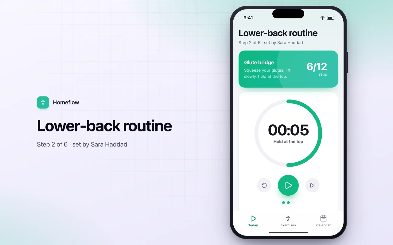 Home exercise routine player: the Lower-back routine screen