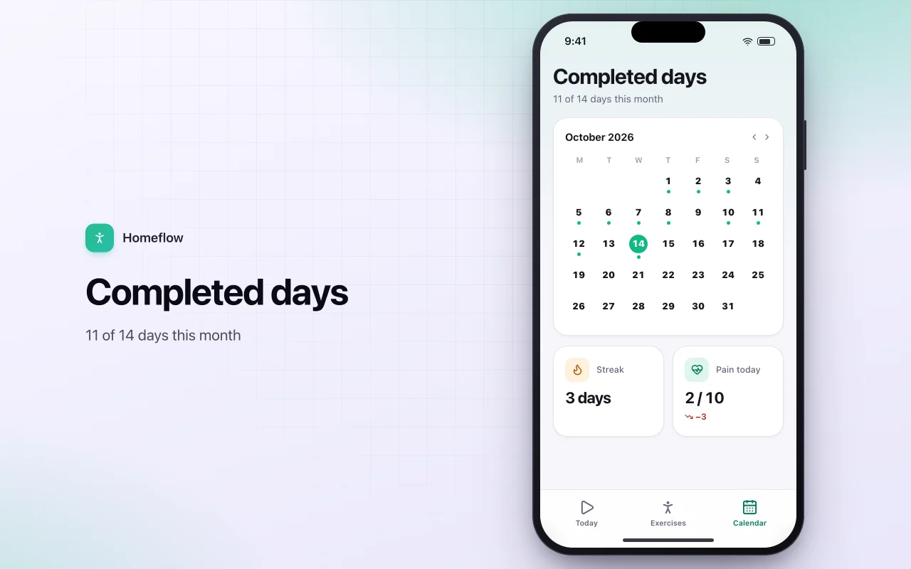 Home exercise routine player: the Completed days screen