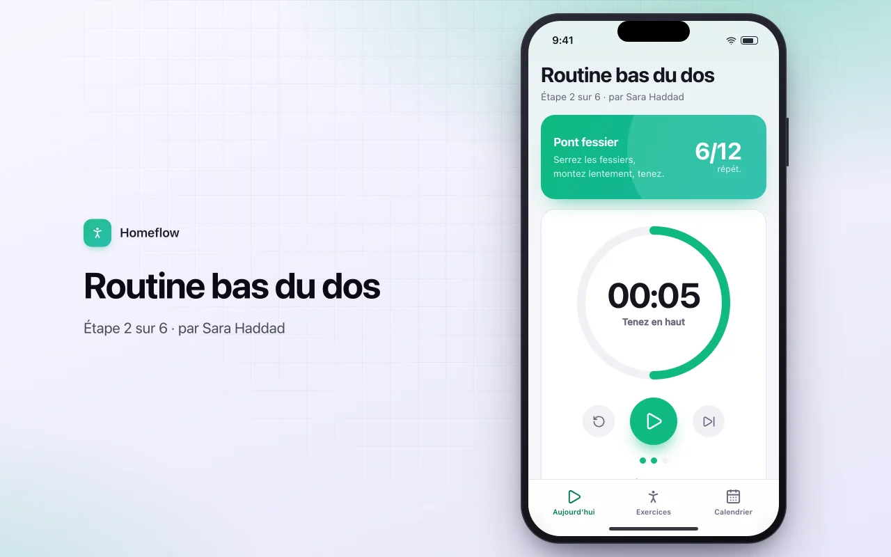 Lecteur de routines d’exercices à domicile : l’écran Routine bas du dos