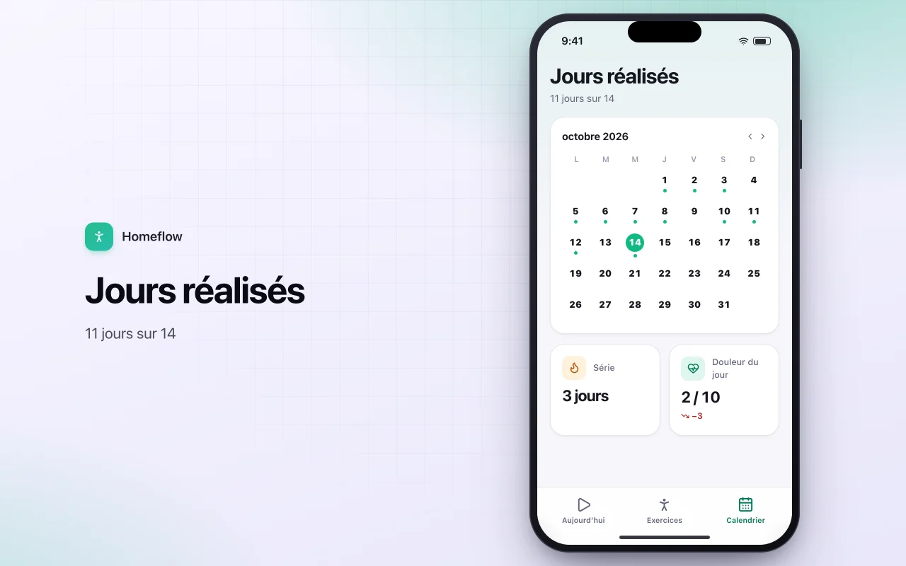 Lecteur de routines d’exercices à domicile : l’écran Jours réalisés