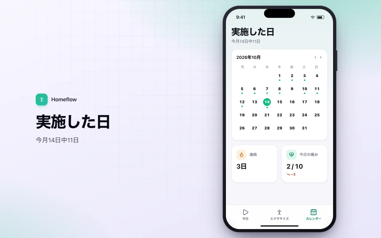 自宅エクササイズルーティンプレーヤー：実施した日画面