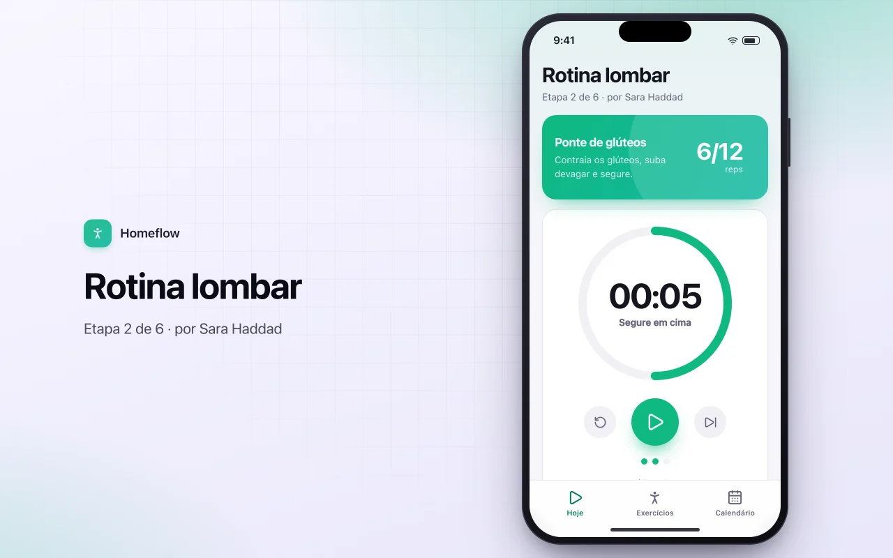 Player de rotinas de exercícios em casa: a tela Rotina lombar