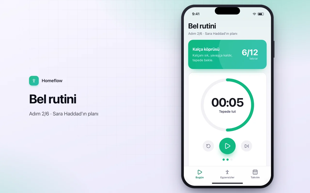 Ev egzersiz rutini oynatıcı: Bel rutini ekranı