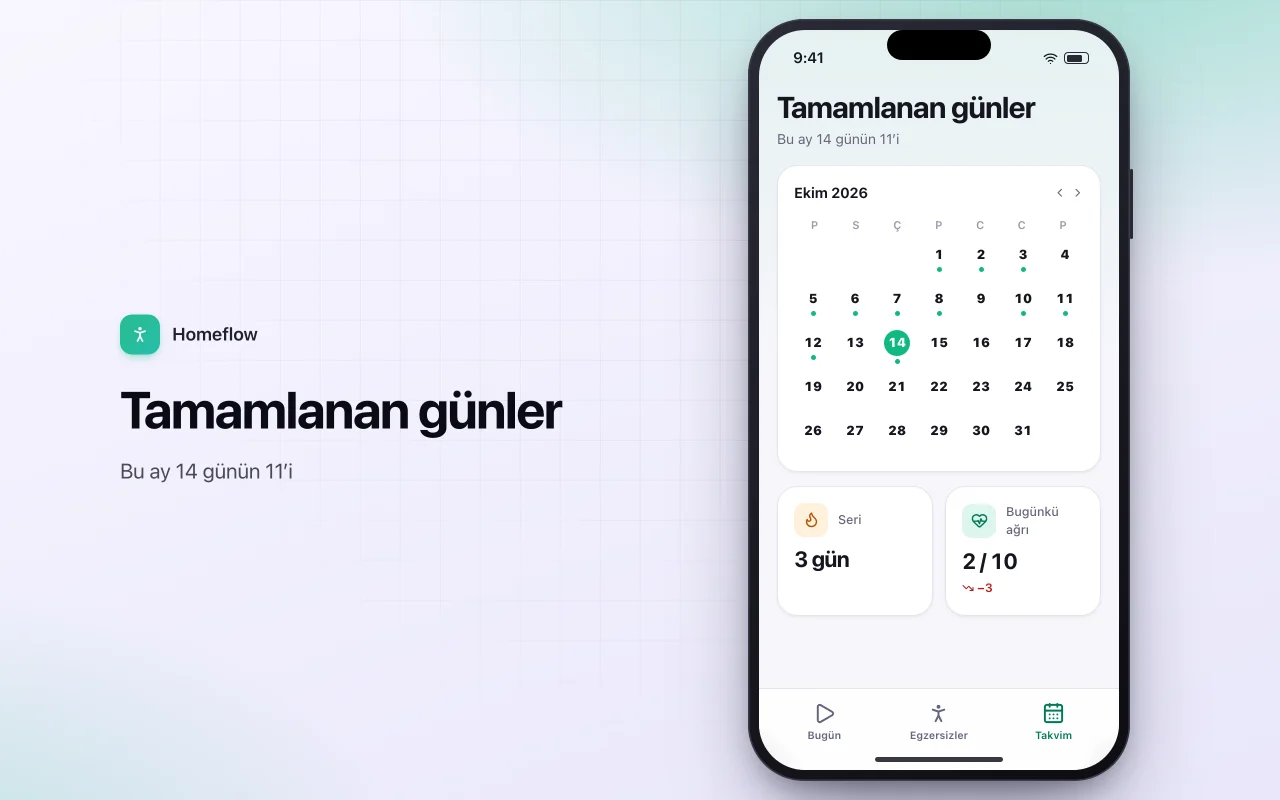 Ev egzersiz rutini oynatıcı: Tamamlanan günler ekranı
