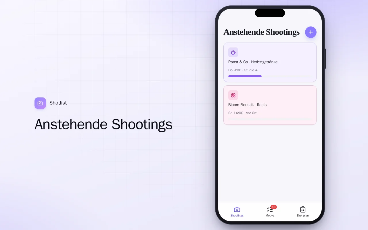 Content-Shooting-Planer: der Bildschirm „Anstehende Shootings“