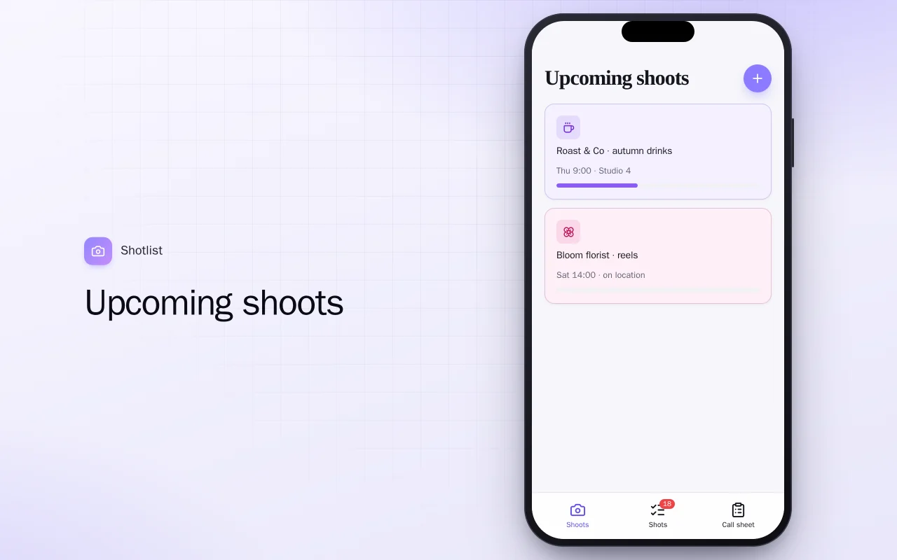 Content shoot planner: the Upcoming shoots screen