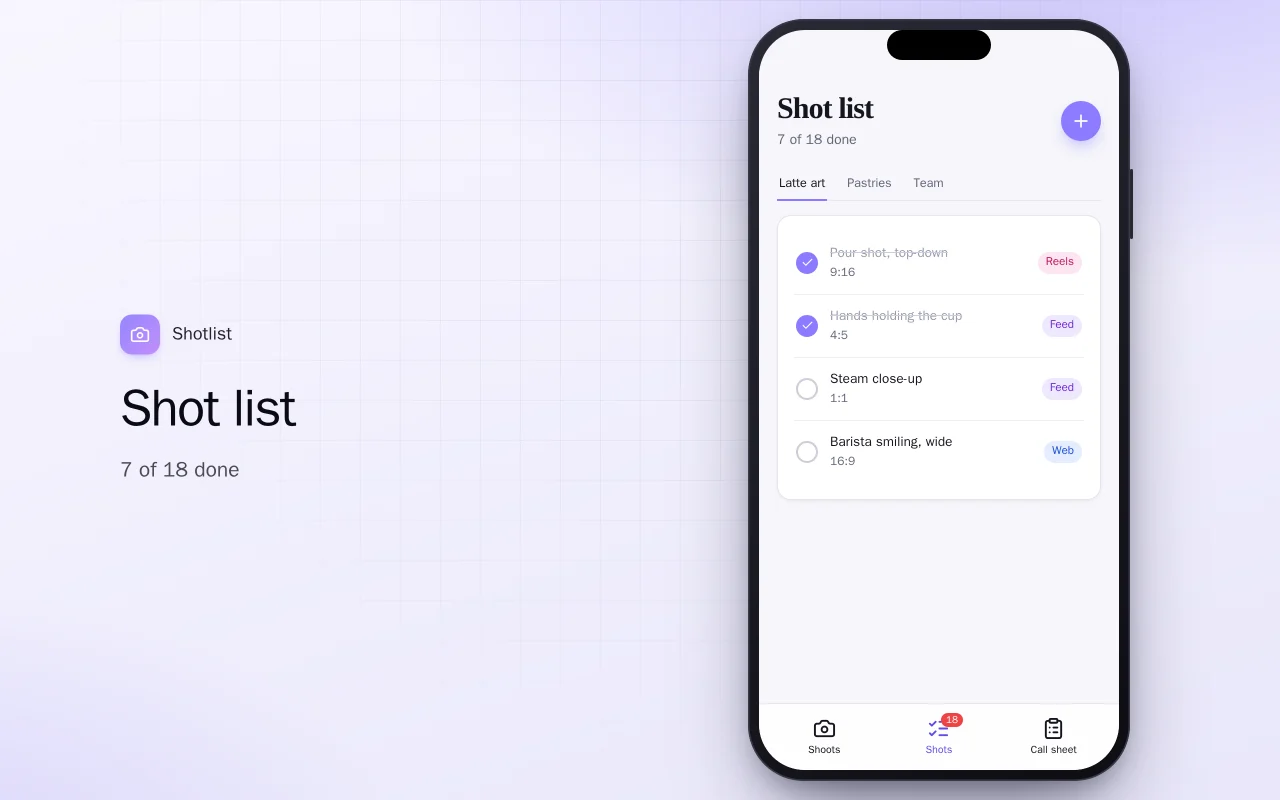 Content shoot planner: the Shot list screen