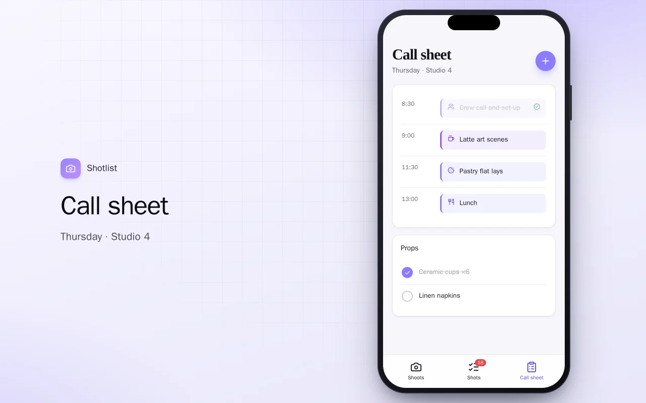 Content shoot planner: the Call sheet screen