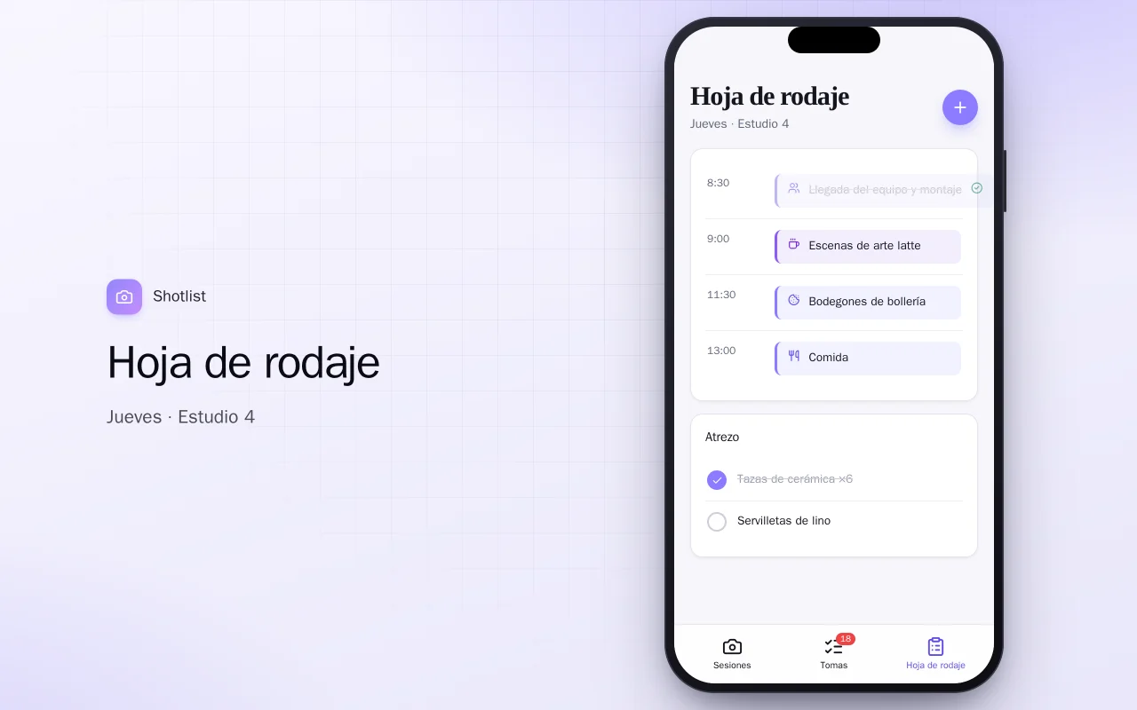 Planificador de sesiones de contenido: la pantalla Hoja de rodaje