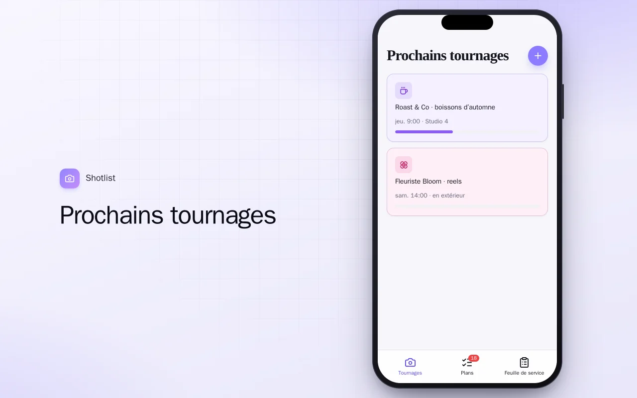 Planificateur de tournages : l’écran Prochains tournages