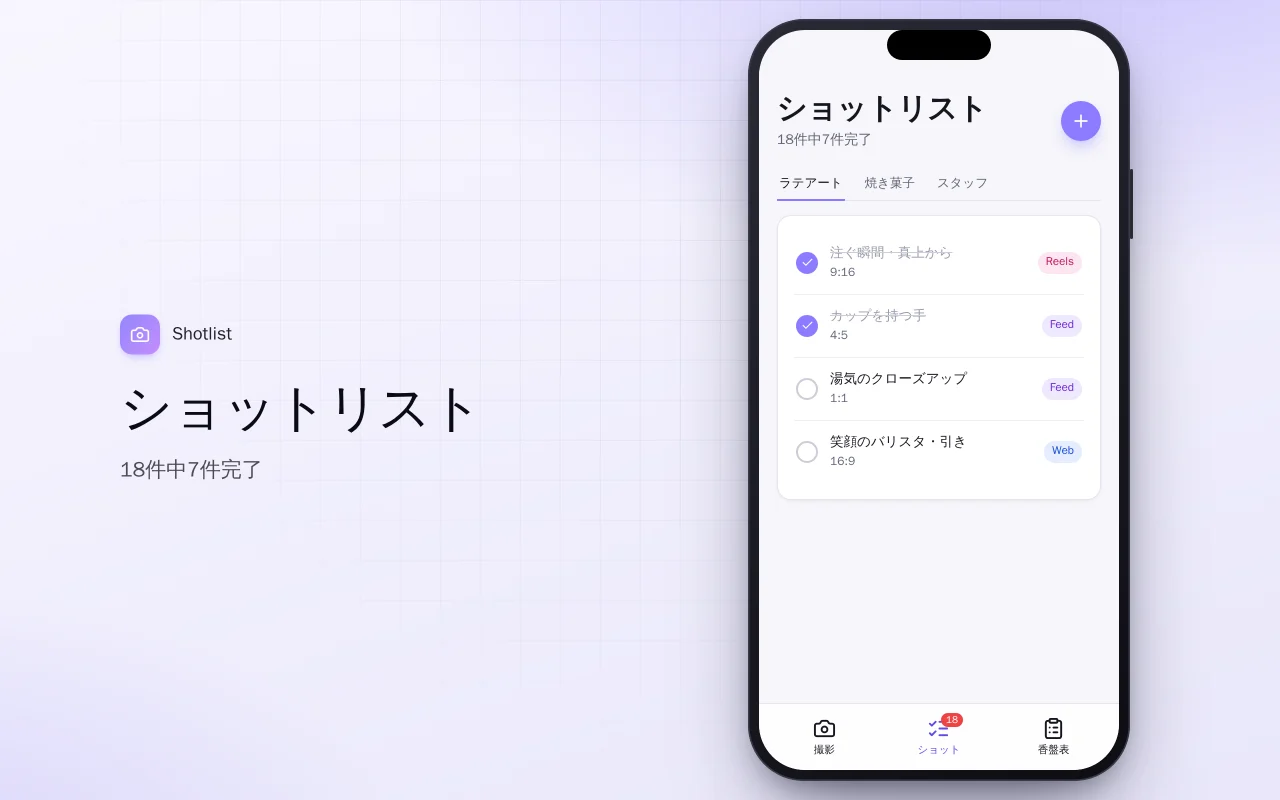 コンテンツ撮影プランナー：ショットリスト画面