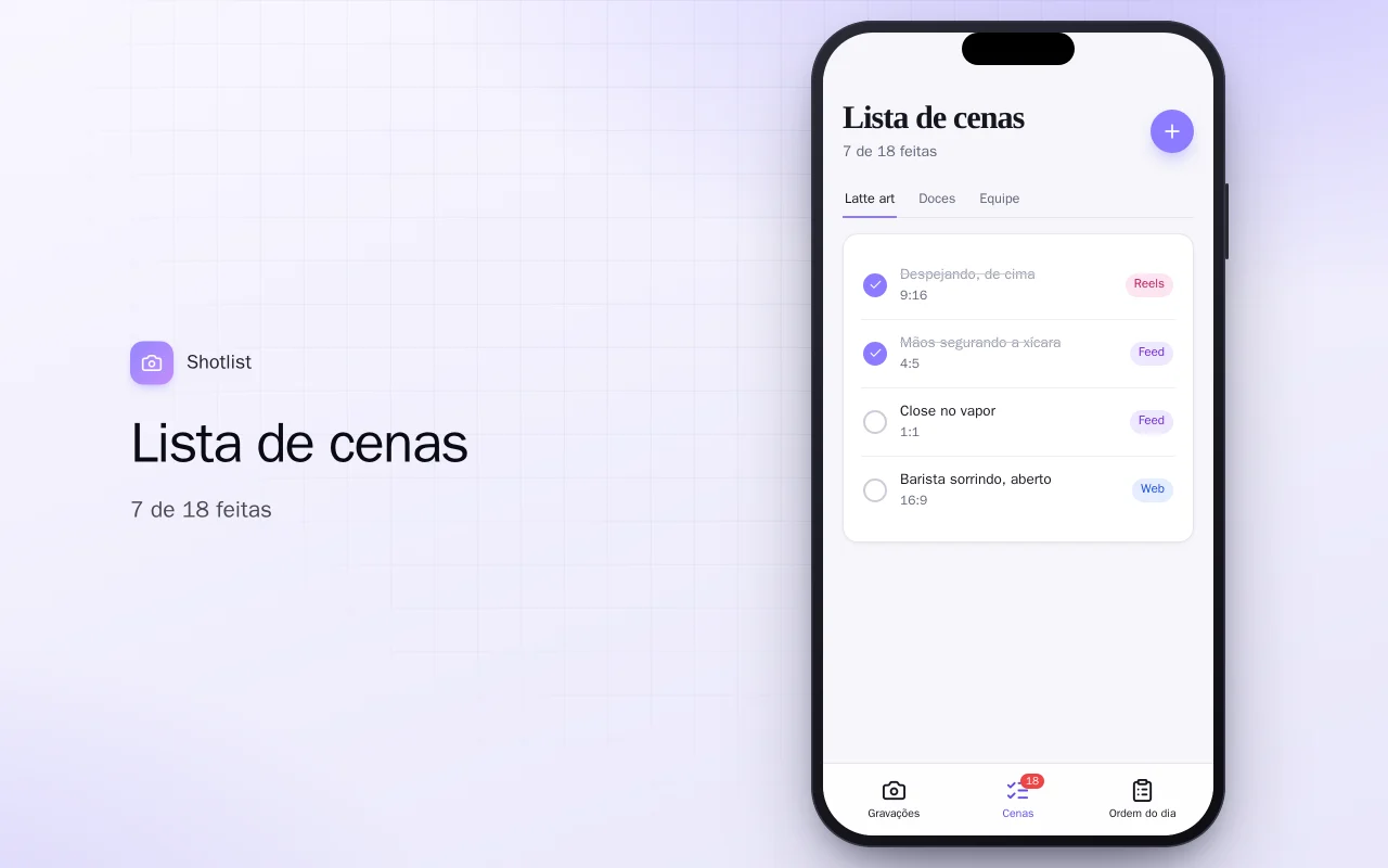 Planejador de gravações de conteúdo: a tela Lista de cenas
