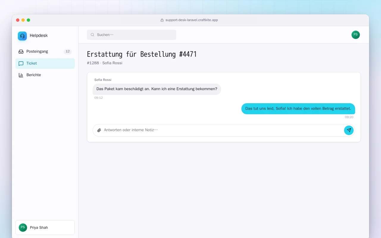 Support-Desk (Laravel): der Bildschirm „Erstattung für Bestellung #4471“