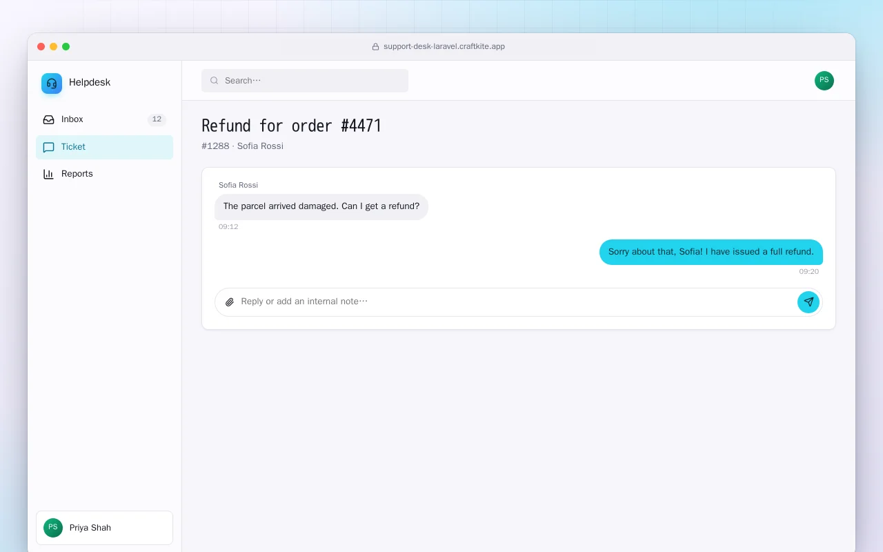 Support Desk (Laravel): the Refund for order #4471 screen