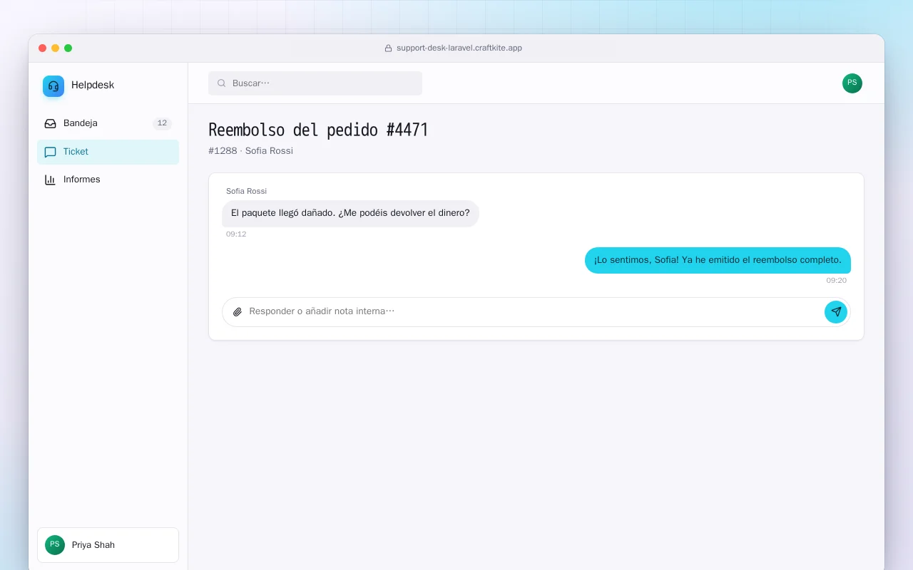 Centro de soporte (Laravel): la pantalla Reembolso del pedido #4471
