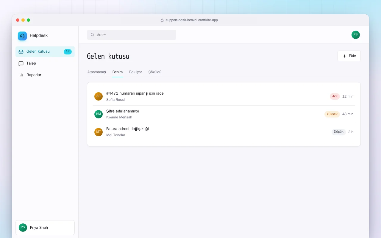 Destek Masası (Laravel): Gelen kutusu ekranı