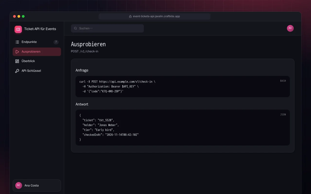 Ticket-API für Events (Java): der Bildschirm „Ausprobieren“