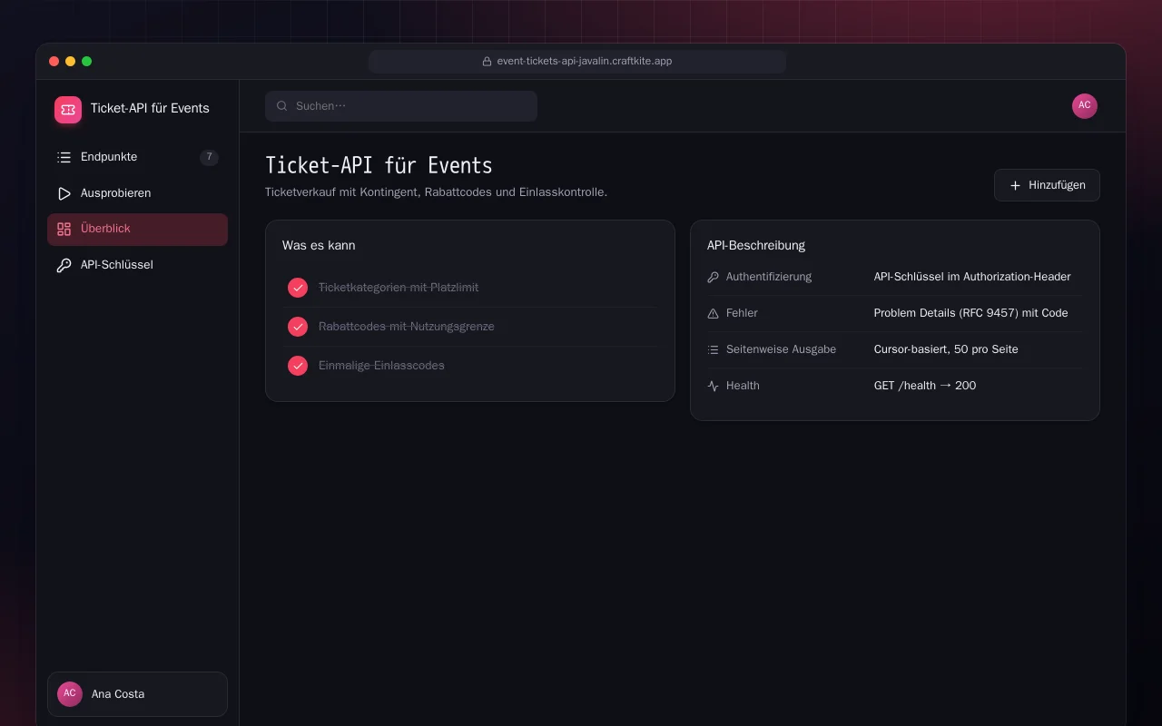 Ticket-API für Events (Java): der Bildschirm „Ticket-API für Events“