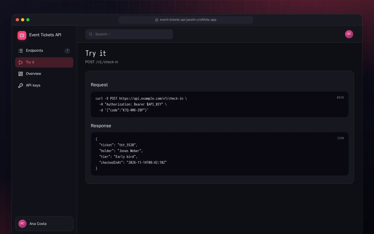 Event Tickets API (Java): the Try it screen
