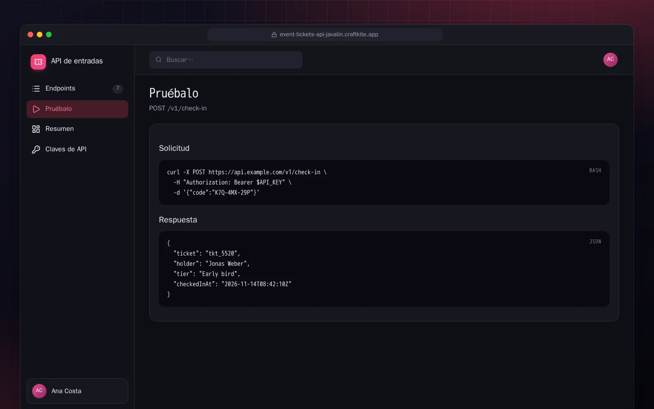 API de entradas (Java): la pantalla Pruébalo