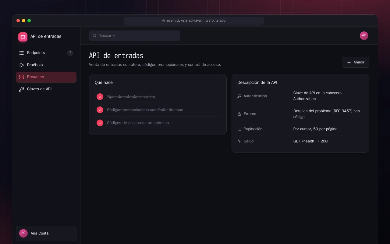 API de entradas (Java): la pantalla API de entradas
