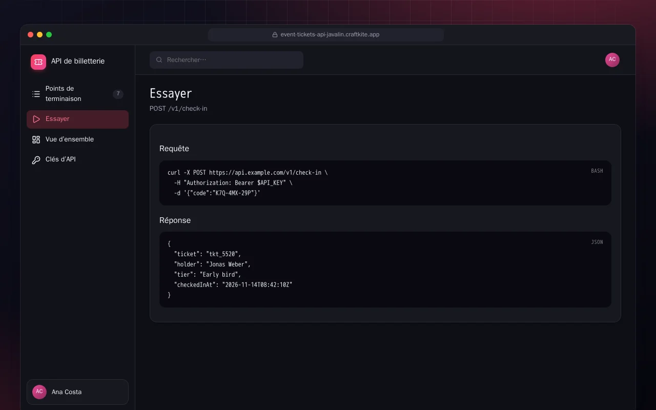 API de billetterie (Java) : l’écran Essayer