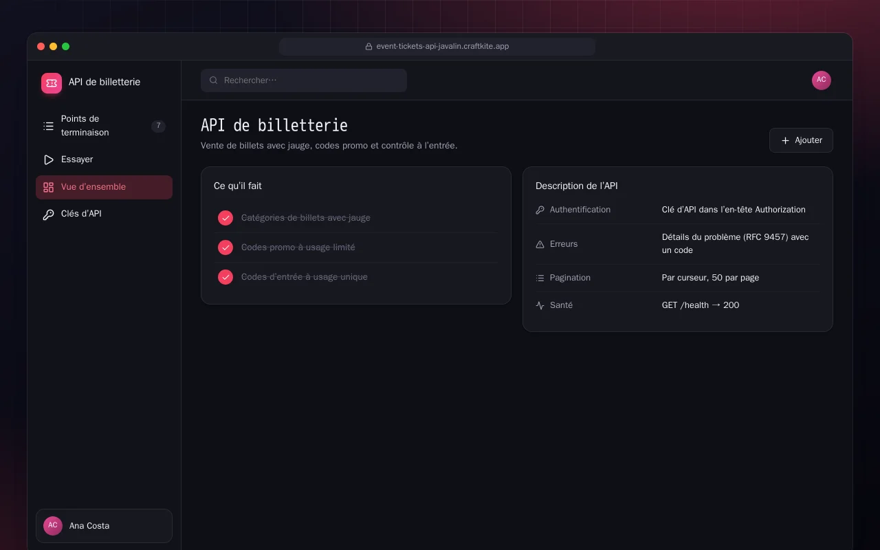 API de billetterie (Java) : l’écran API de billetterie