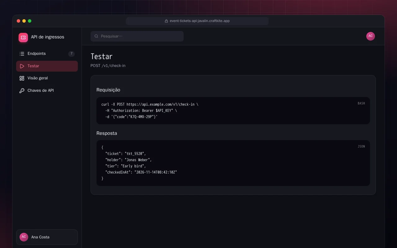 API de ingressos (Java): a tela Testar