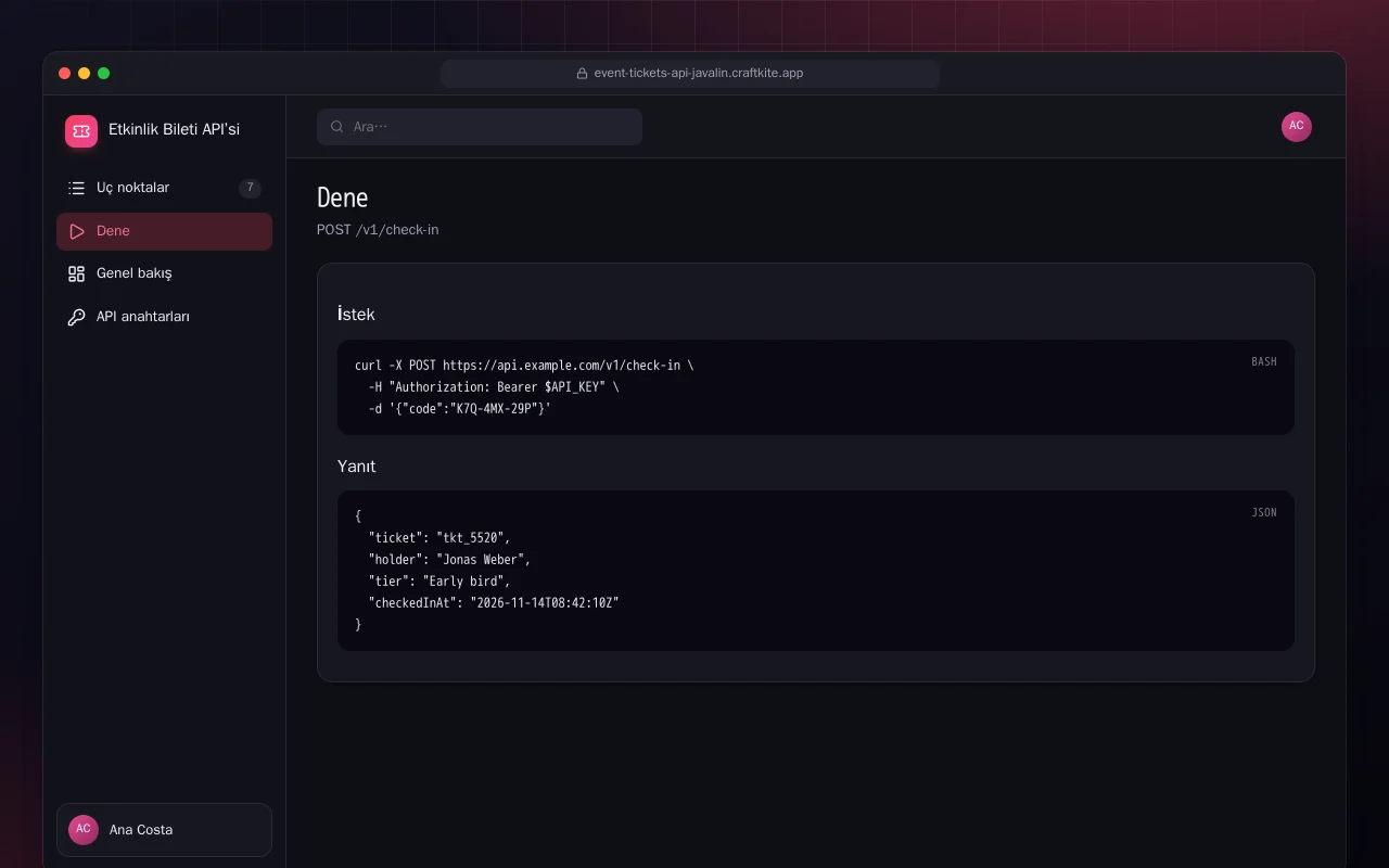 Etkinlik Bileti API’si (Java): Dene ekranı