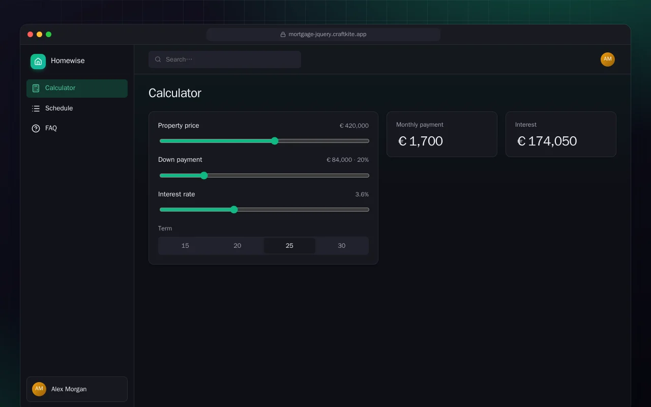 Mortgage Calculator (HTML): the Calculator screen