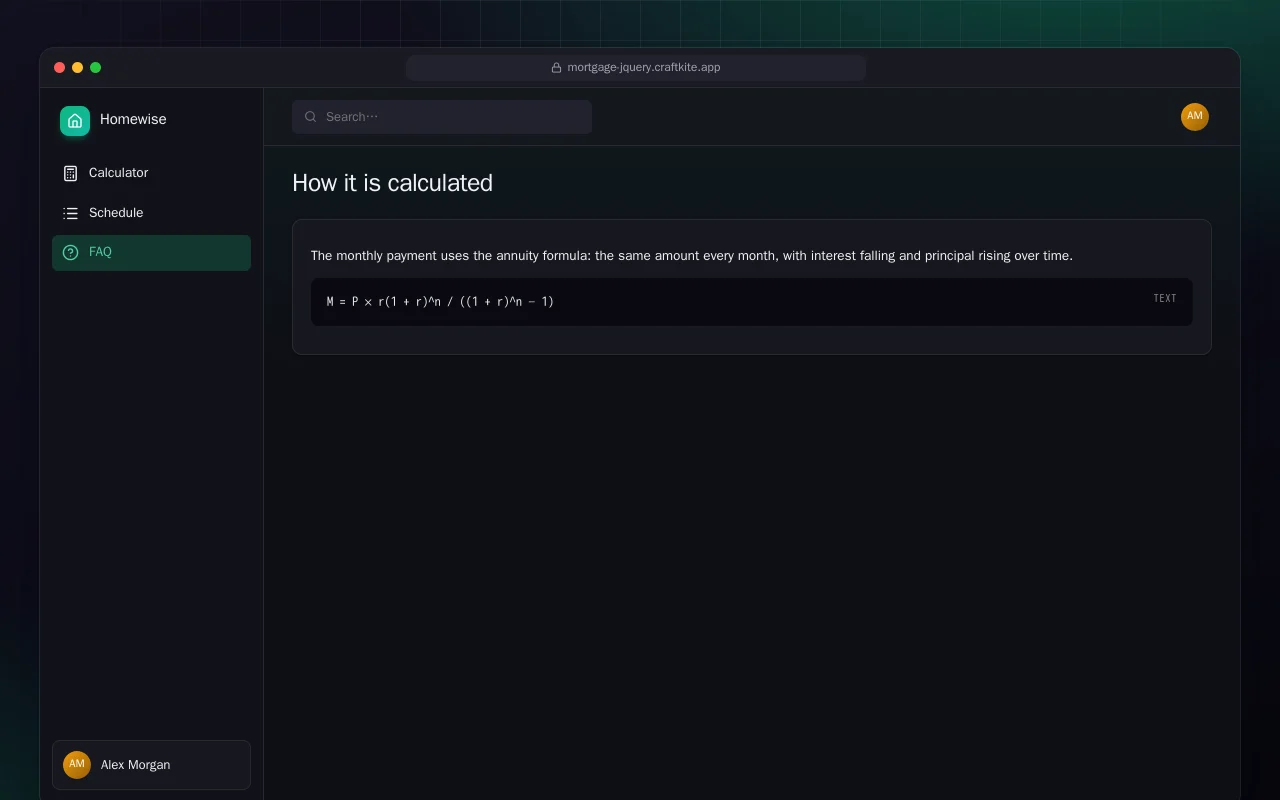 Mortgage Calculator (HTML): the How it is calculated screen