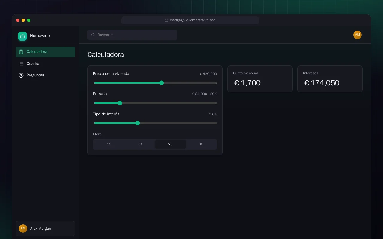 Calculadora de hipoteca (HTML): la pantalla Calculadora