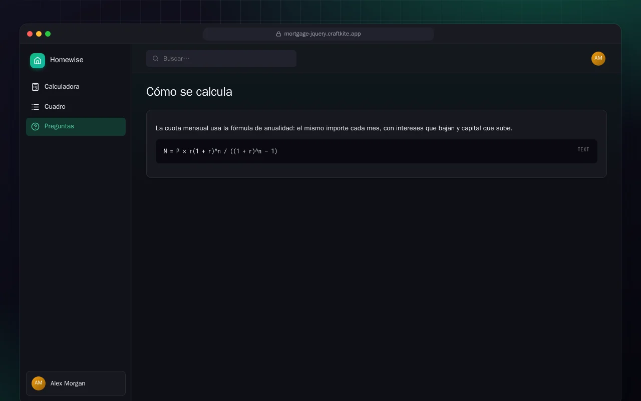 Calculadora de hipoteca (HTML): la pantalla Cómo se calcula
