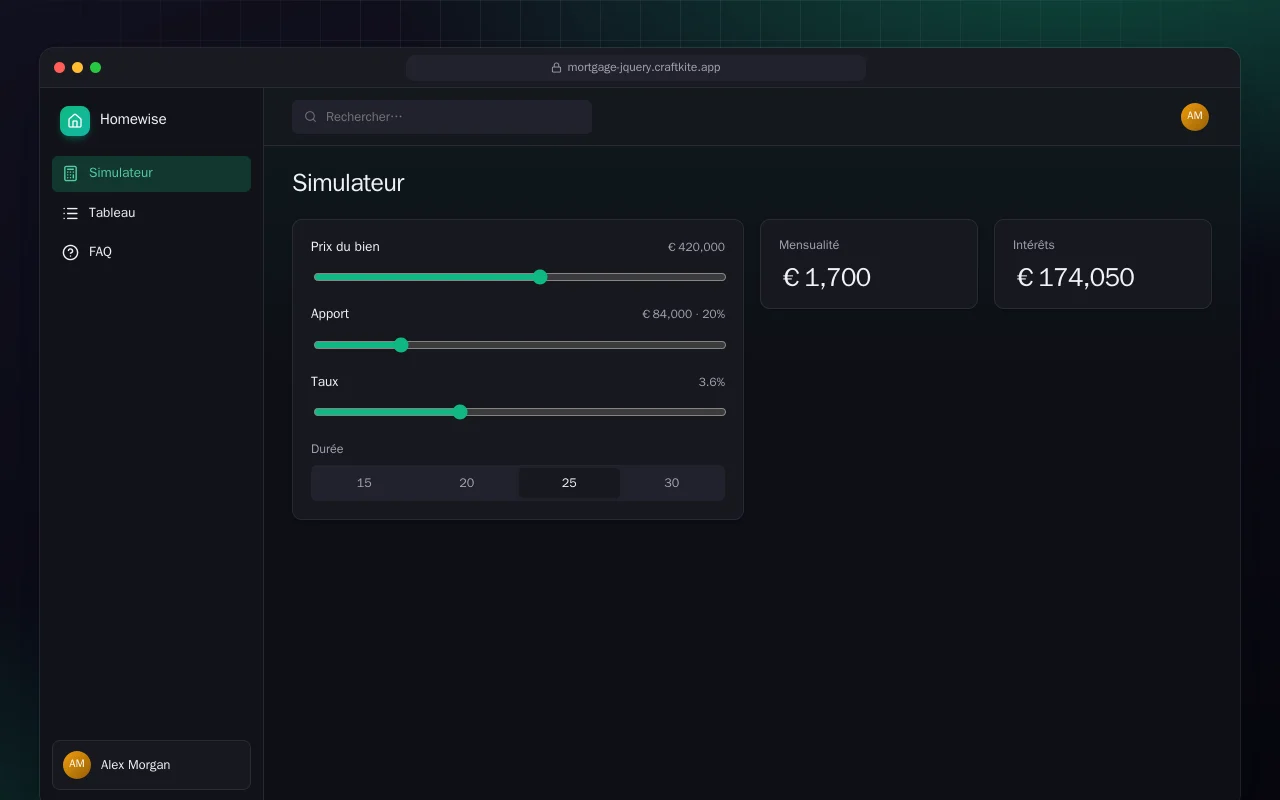 Simulateur de prêt immobilier (HTML) : l’écran Simulateur