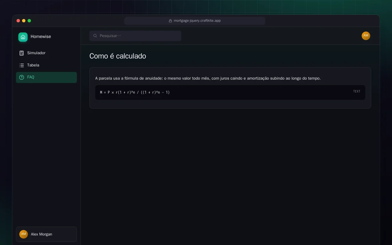 Simulador de financiamento (HTML): a tela Como é calculado