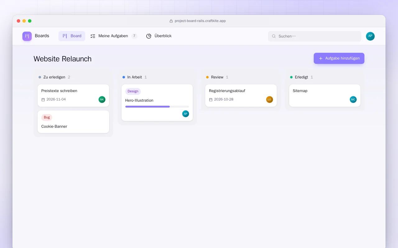 Projektboard (Rails): der Bildschirm „Website Relaunch“