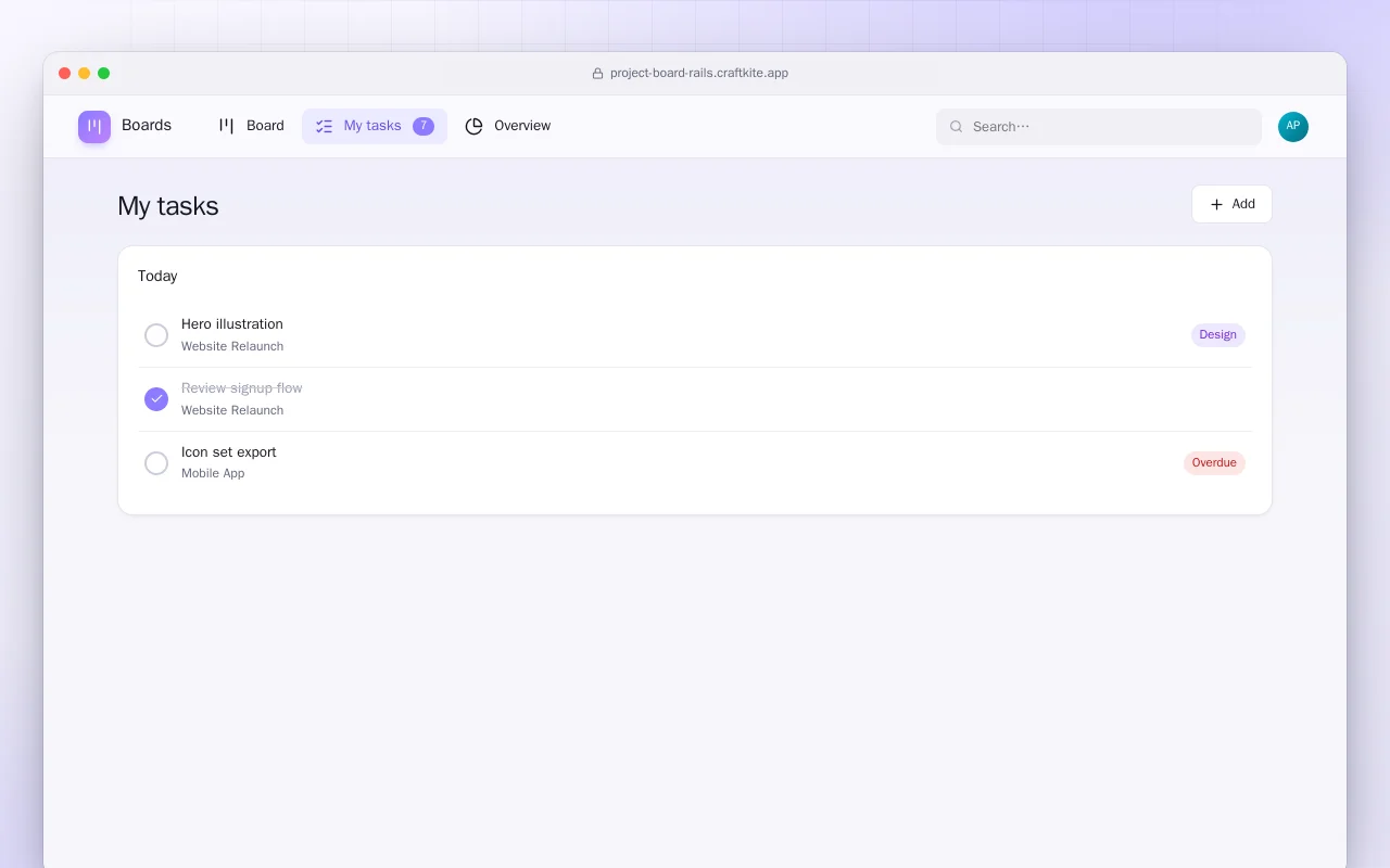 Project Board (Rails): the My tasks screen