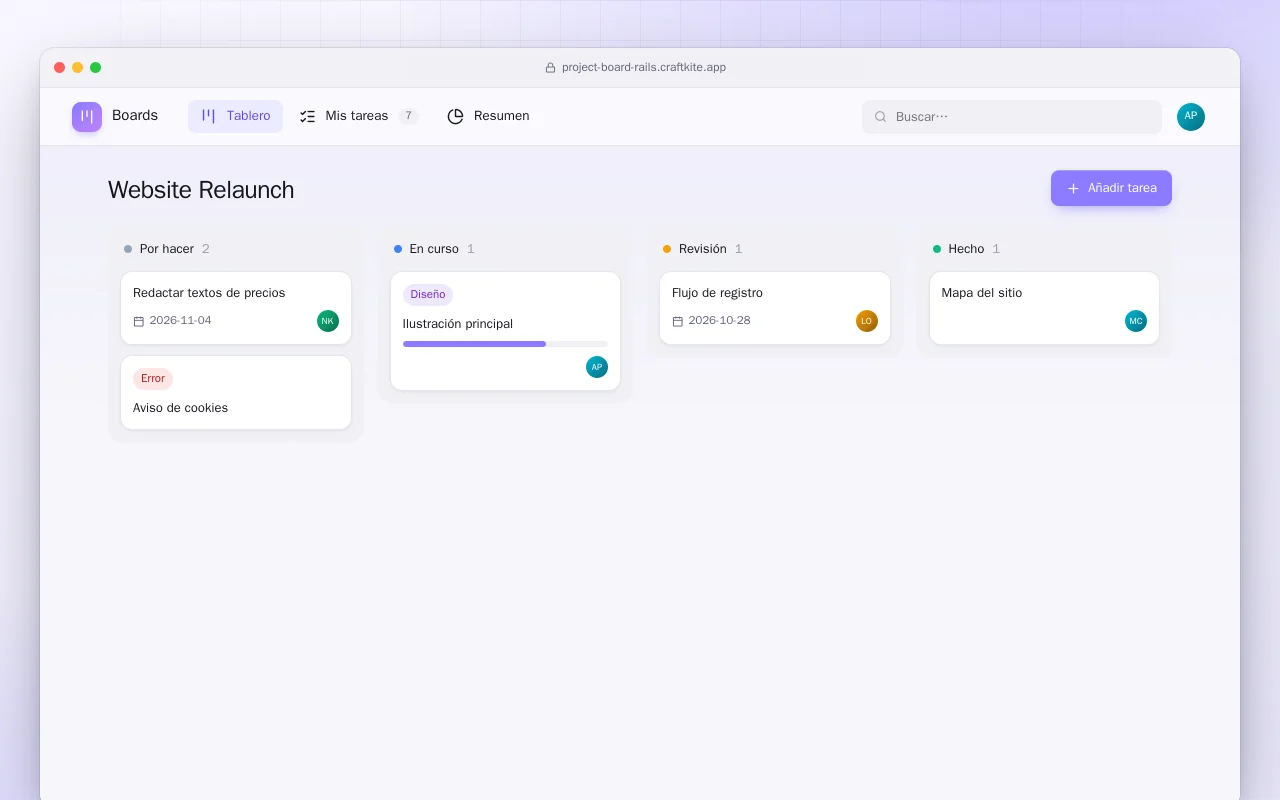 Tablero de proyectos (Rails): la pantalla Website Relaunch