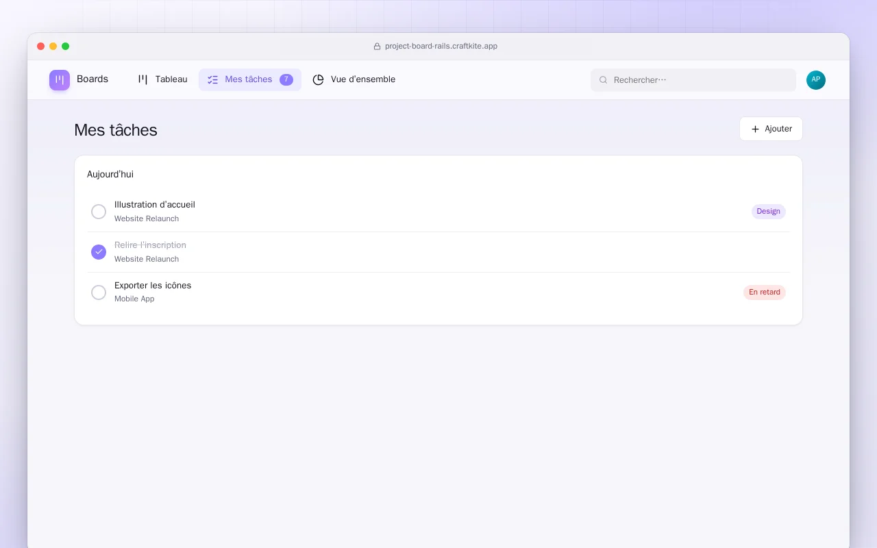 Tableau de projets (Rails) : l’écran Mes tâches