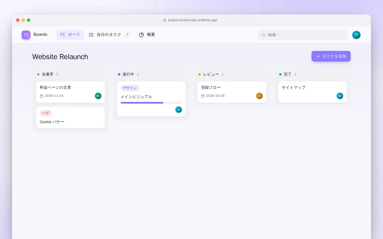 プロジェクトボード（Rails）：Website Relaunch画面
