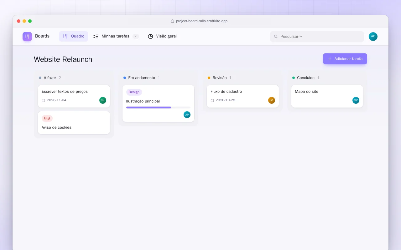Quadro de projetos (Rails): a tela Website Relaunch