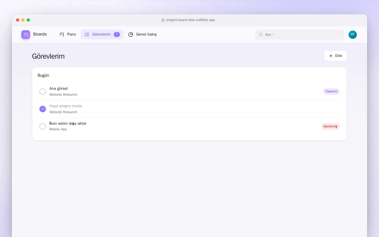 Proje Panosu (Rails): Görevlerim ekranı