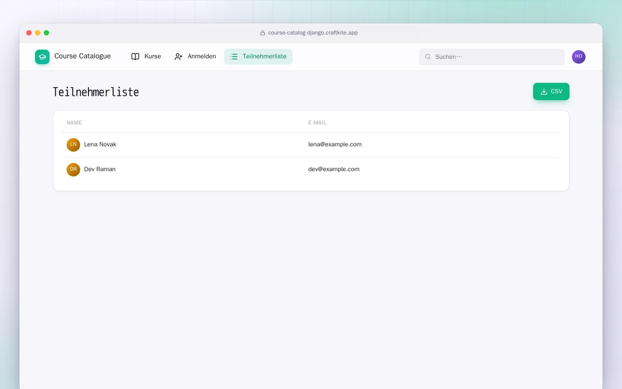 Kurskatalog (Django): der Bildschirm „Teilnehmerliste“
