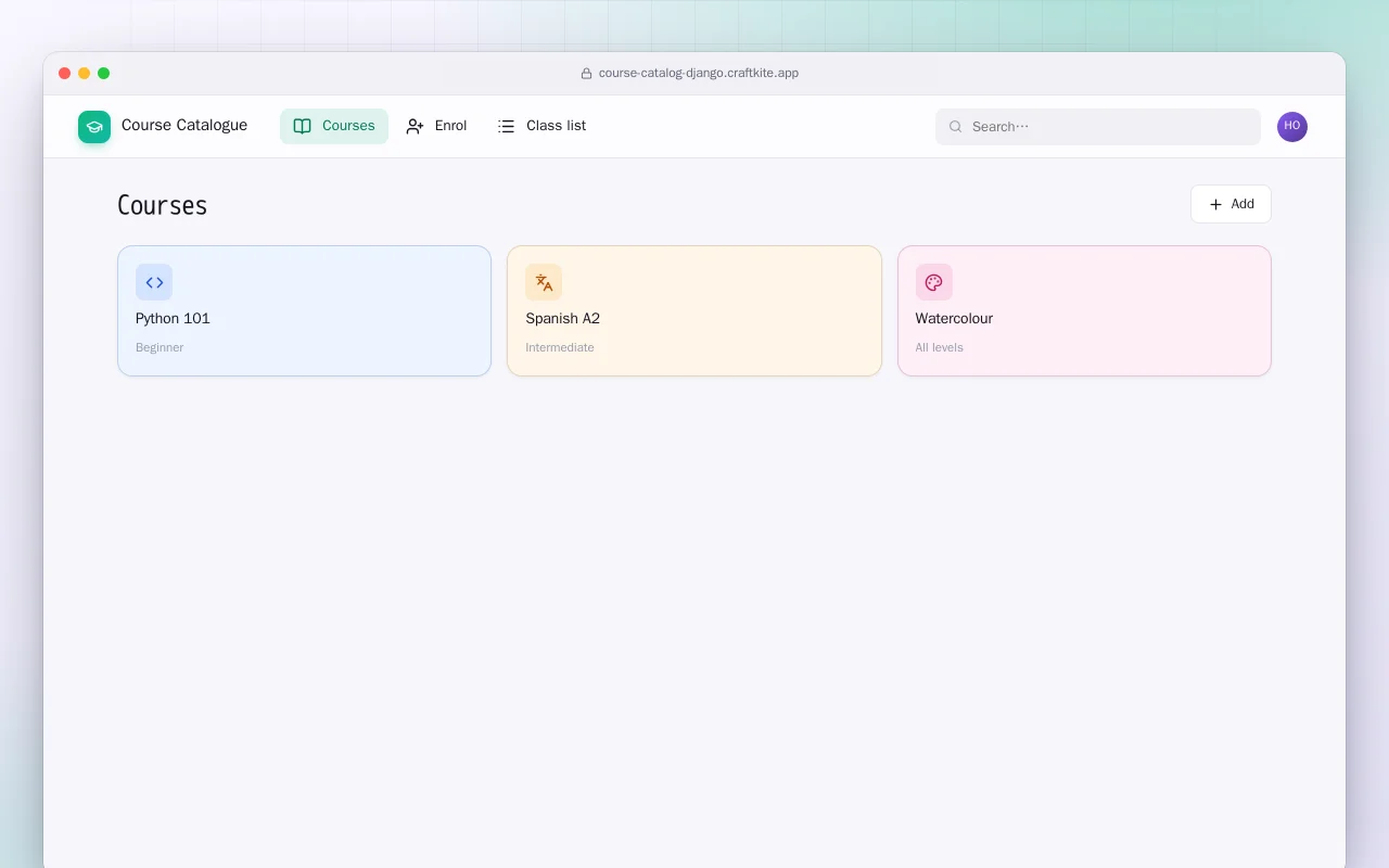 Course Catalogue (Django): the Courses screen