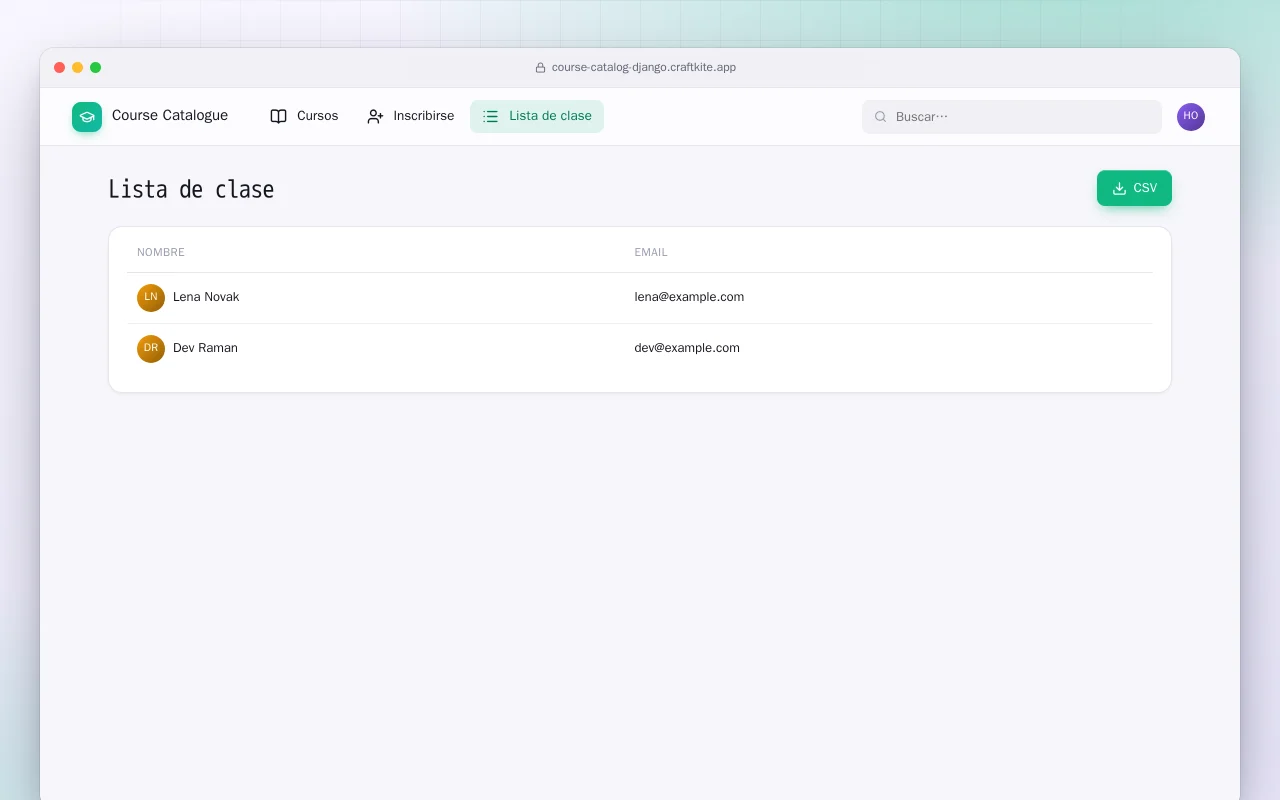 Catálogo de cursos (Django): la pantalla Lista de clase