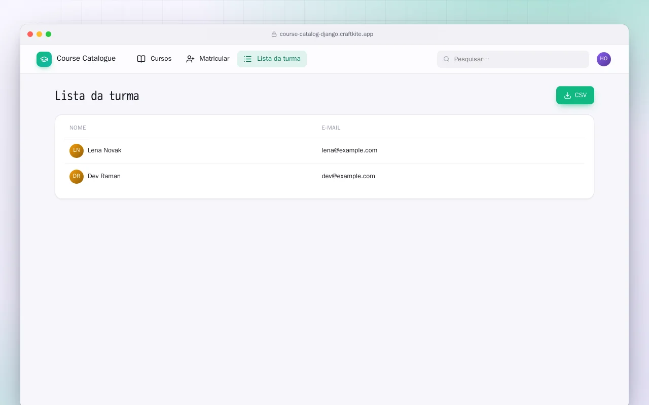 Catálogo de cursos (Django): a tela Lista da turma