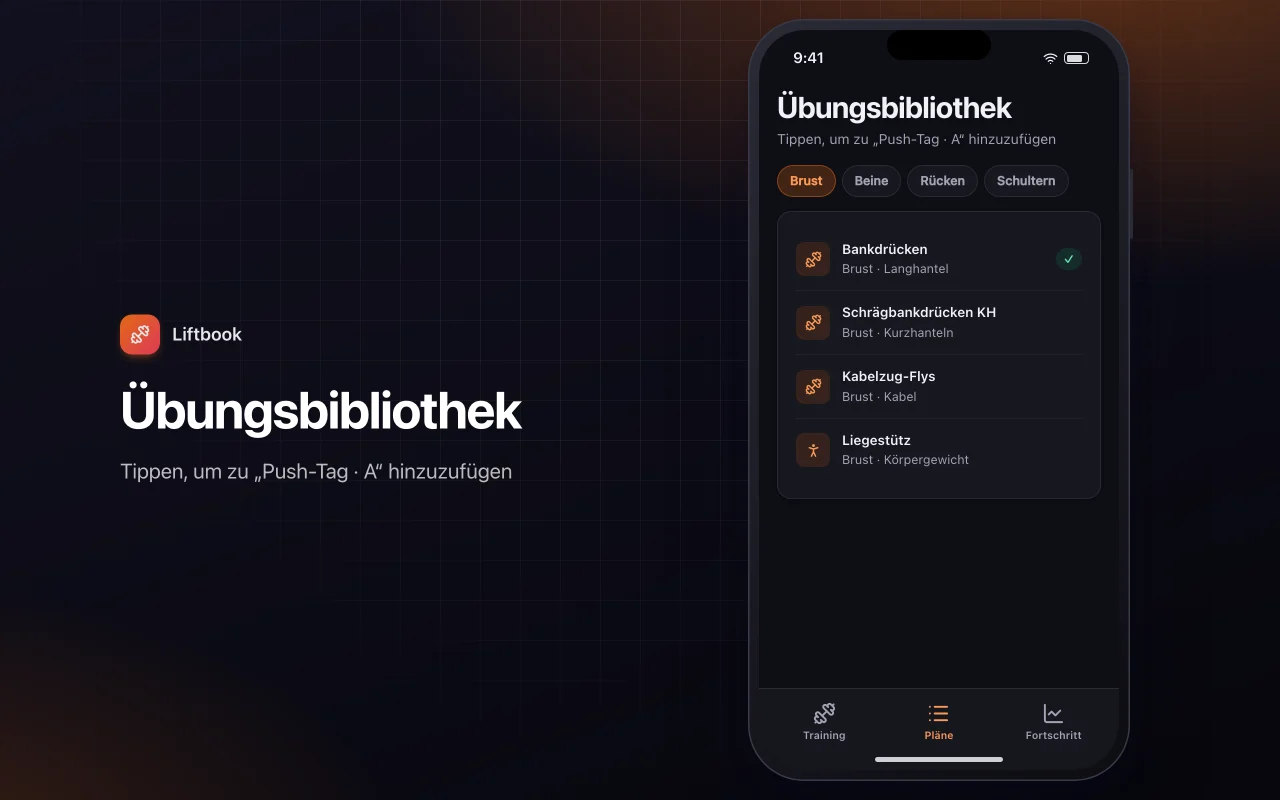 Trainingsprotokoll und Fortschritt: der Bildschirm „Übungsbibliothek“